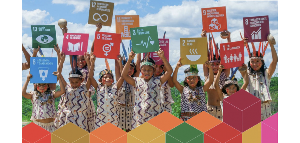 An image of children holding posters corresponding to the different SDG logos
