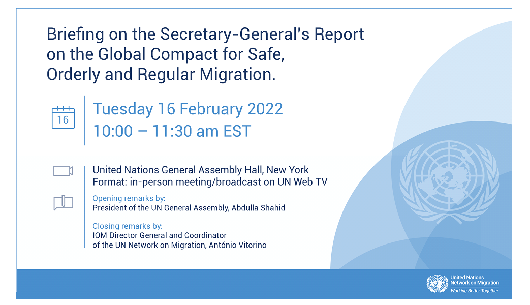 Event image and card that reads: Briefing of the SG's Report on the GCM: Tuesday 16 February 2022, 10-11 am EST