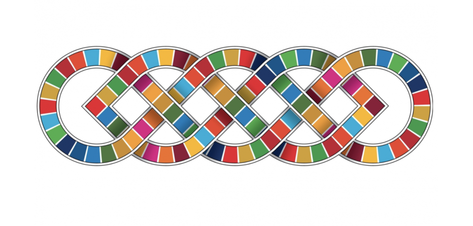 An geometric image of interlocking squares in the colors of the SDG logos, which is the cover image of the Integration of the SDGs into National Planning e-course.
