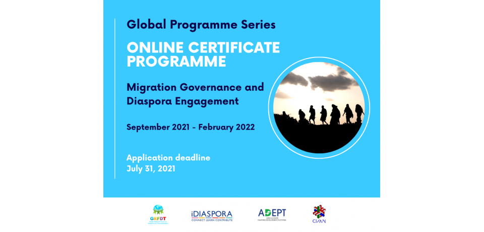An image with text reading, "Online Certificate Programme: Migration Governance and Diaspora Engagement", with a smaller image of silhouettes of people walking along a ridge