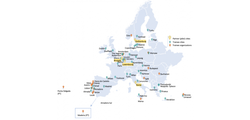 Map of several dozen participating cities in the Equalcity project