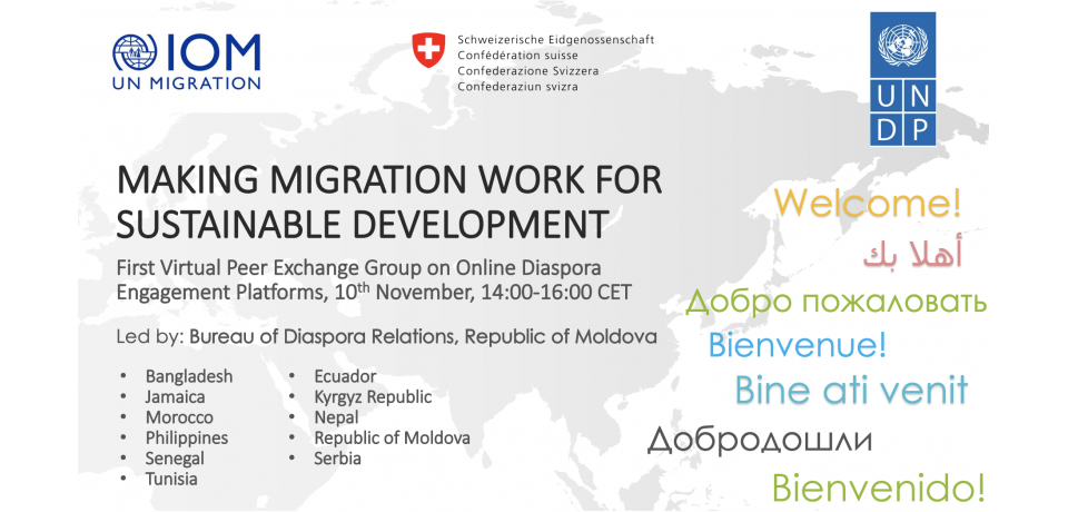 A screenshot capture of the introductory slide to the PowerPoint presentation on the Diaspora Engagement Peer Exchange Group for the Global Programme on Making Migration Work for Sustainable Development