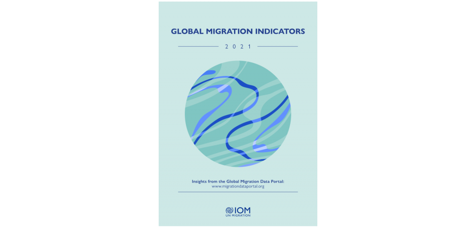 Global Migration Indicators 2021 cover: abstract blue and green illustration of a globe