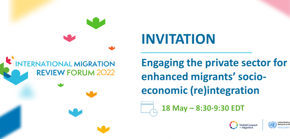 Banner for the Private Sector IMRF Side Event, with details and date: 18 May 2022, 8:30–9:30 New York time