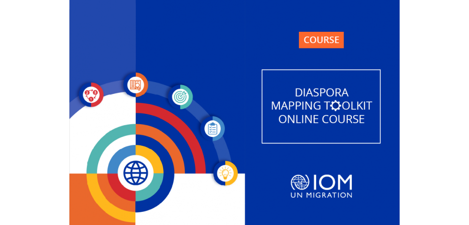 Many circles and icons are on the left. On the right side is text "diaspora mapping toolkit online course".