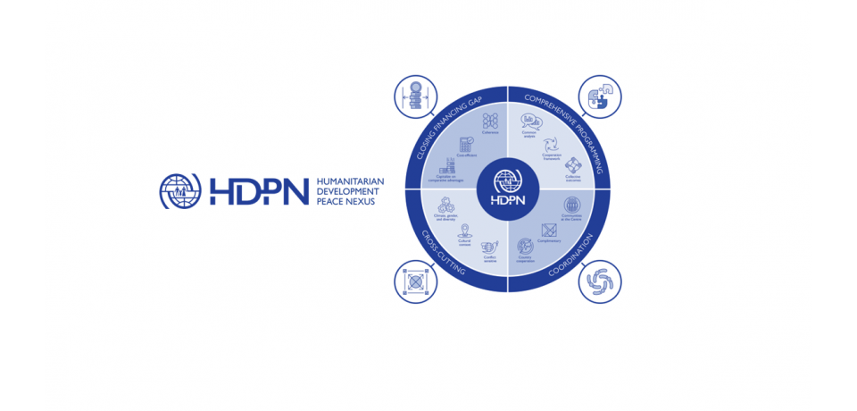 Graphic showcasing the HDPN approach from IOM, with the logo to the left and a circle to the right with four parts, one on closing the financing gap, another on comprehensive programming, a third on coordination and a fourth on cross-cutting elements