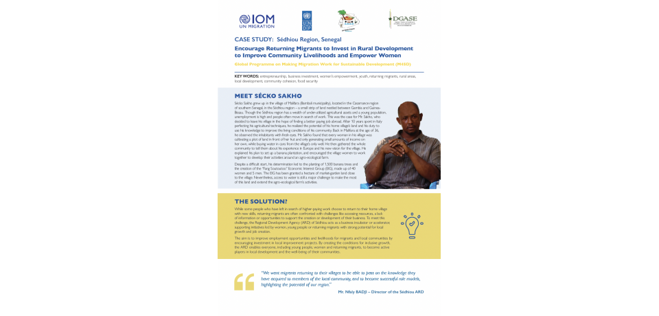 Cover page of the Sedhiou case study, with text and an illustration of a man named Mr Sakho with a grey t-shirt.