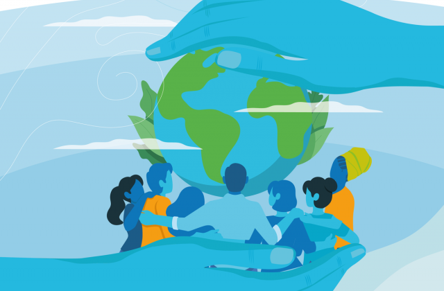 UN Network for Migration banner for the COP26; graphic of a globe