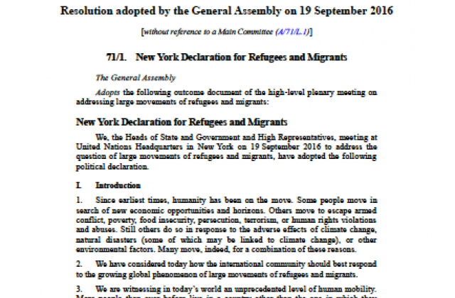 New York Declaration for Refugees and Migrants first page