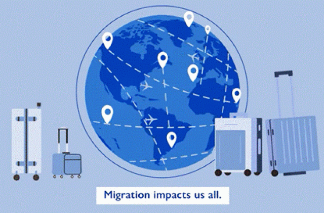 Screenshot from video, "Migration Impacts Us All" written below a global and next to suitcases