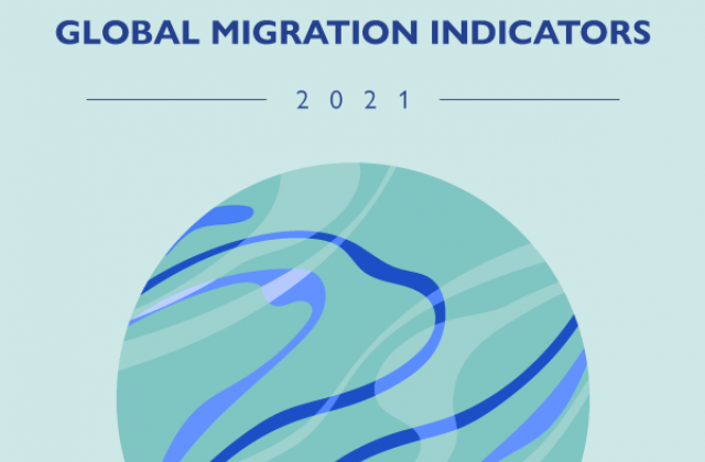 Global Migration Indicators 2021 cover: abstract blue and green illustration of a globe