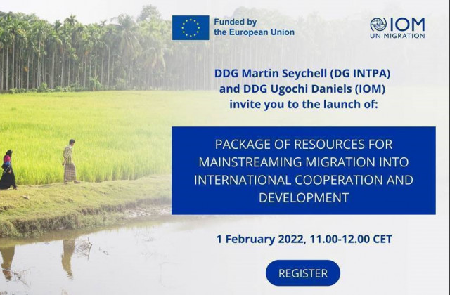 Event image and card that reads: DDG Martin Seychell (DG INTPA) and DDG Ugochi Daniels (IOM) invite you to the launch. 1 February 2022. Register here.