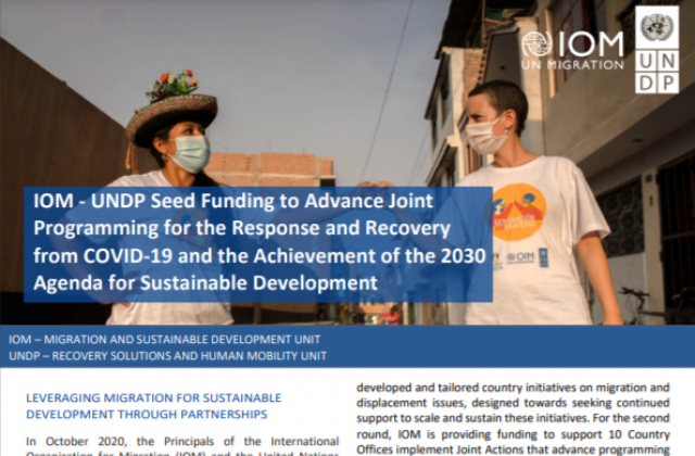 Front cover of the infobrief for the IOM-UNDP Seed Funding, which includes text and an image of two people fist-bumping in Peru