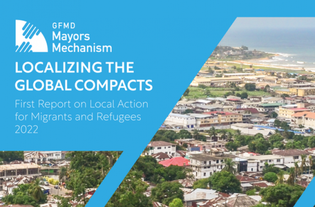 Cover of the new report Localizing the Global Compacts, with image of a city