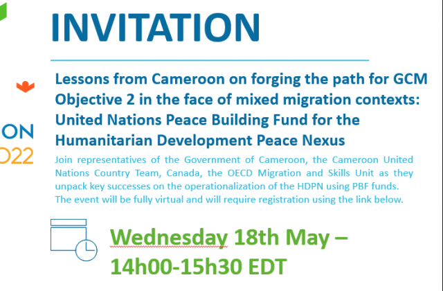 Banner for the IMRF side event on Cameroon's implementation of the HDPN, with the date and time information about the event