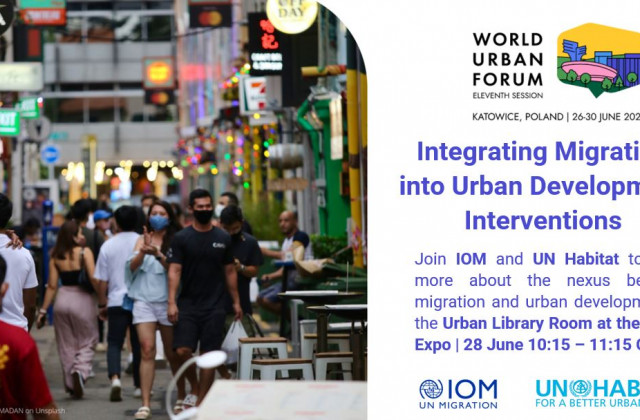 Image of busy street filled with people and shops; text provides date, time and location of IOM's Urban Library Event.