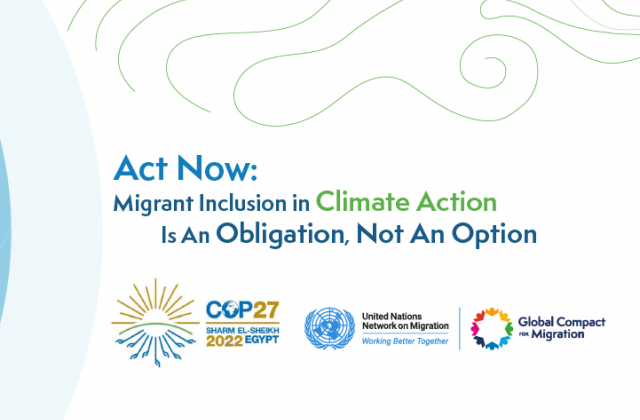 At the left side are two hands holding the Earth; at the right side is text "action now: migrant inclusion in climate action is an obligation, not an option"