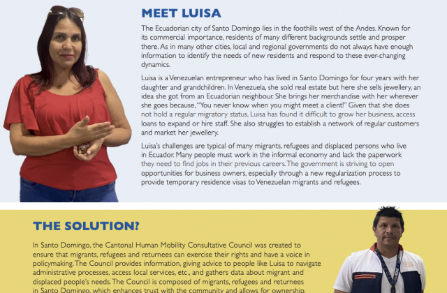 Cover page of the Ecuador case study, with text and an photo of a woman named Luisa with medium length hair and a red shirt, holding some of her jewelry that she sells