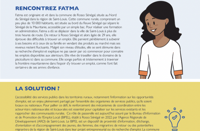 Page de couverture de l'étude de cas de Saint-Louis, avec un texte et une illustration d'une femme nommée Fatma, aux cheveux noirs et à la chemise blanche.