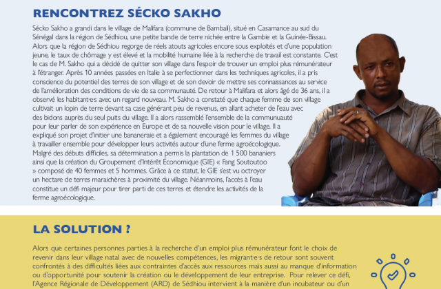 Page de couverture de l'étude de cas de Sedhiou, avec un texte et une illustration d'un homme nommé M. Sakho avec un t-shirt gris.