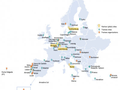 Map of several dozen participating cities in the Equalcity project