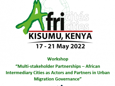 Flyer for the Africities event on migration partnerships, with a globe, title and text, and logos for partners