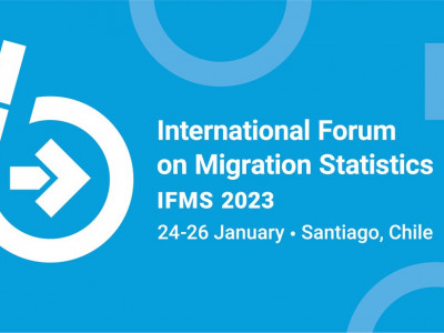 IFMS logo and text on the right "International Forum on Migration Statistics, IFMS 2023, 24-26 January, Santiago, Chile"