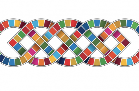 An geometric image of interlocking squares in the colors of the SDG logos, which is the cover image of the Integration of the SDGs into National Planning e-course.