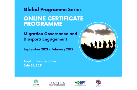 An image with text reading, "Online Certificate Programme: Migration Governance and Diaspora Engagement", with a smaller image of silhouettes of people walking along a ridge