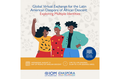 three cartoon characters of female African descents are smiling and hugging each other in the picture with text reading "Global Virtual Exchange for the Latin American Diaspora of African Descent: Exploring Multiple Identities". The logos of IOM and iDiaspora are at the bottom.