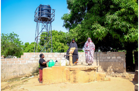 Image of three women getting water from a well