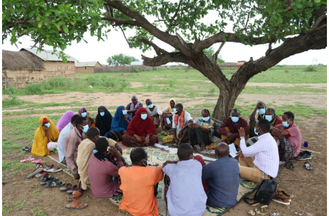 A group of people from a community, including men and women, sit under a tree and discuss