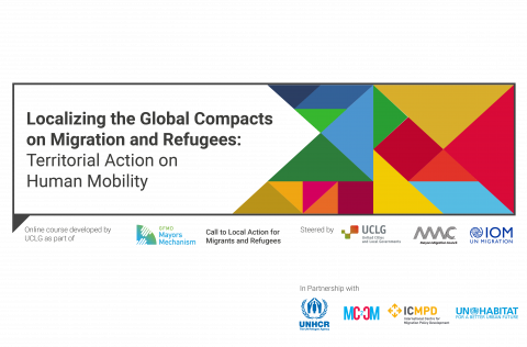 A banner of the e-course on localizing the global compacts, with colored triangles and the logos of all partners