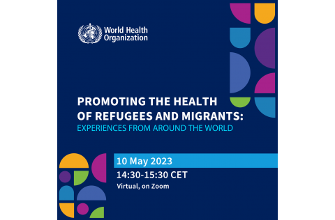 Graphic inviting people to join the WHO's event on promoting the health of refugees and migrants, with text about the date, time and how to join as well as a few graphic elements in purple and blue