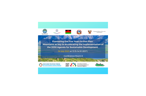 Promoting the Five Years Action Plan: Mountains as key to accelerating the implementation of the 2030 Agenda for Sustainable Development. The image is of a mountainous region, and the logos are all participating organizations are present as well. 