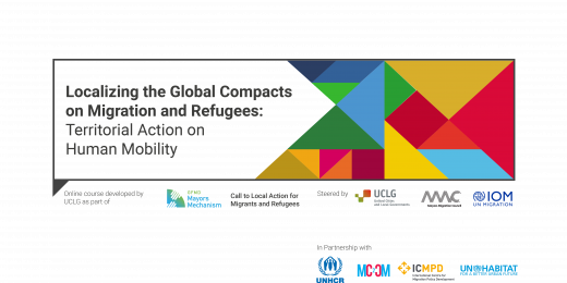 A banner of the e-course on localizing the global compacts, with colored triangles and the logos of all partners
