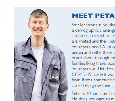 Stories of Petar and Milica from the M4SD Serbia youth case study, with text and a picture of a man in a grey uniform and a woman in a white t-shirt while at work