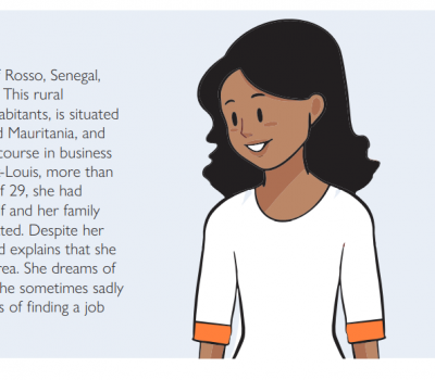 Illustration of a smiling woman named Fatma, with brown hair and wearing a white and orange shirt