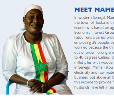 Photo of Mame Fatou, woman and business owner in a white dress